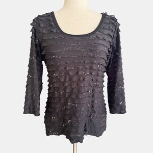 Slinky Brand Black Tiered Ruffle Sequin Top 3/4 Sleeve Y2K Vintage Blouse Small